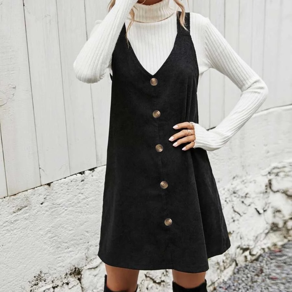Black Button Corduroy Mini Dress - Picture 4 of 6